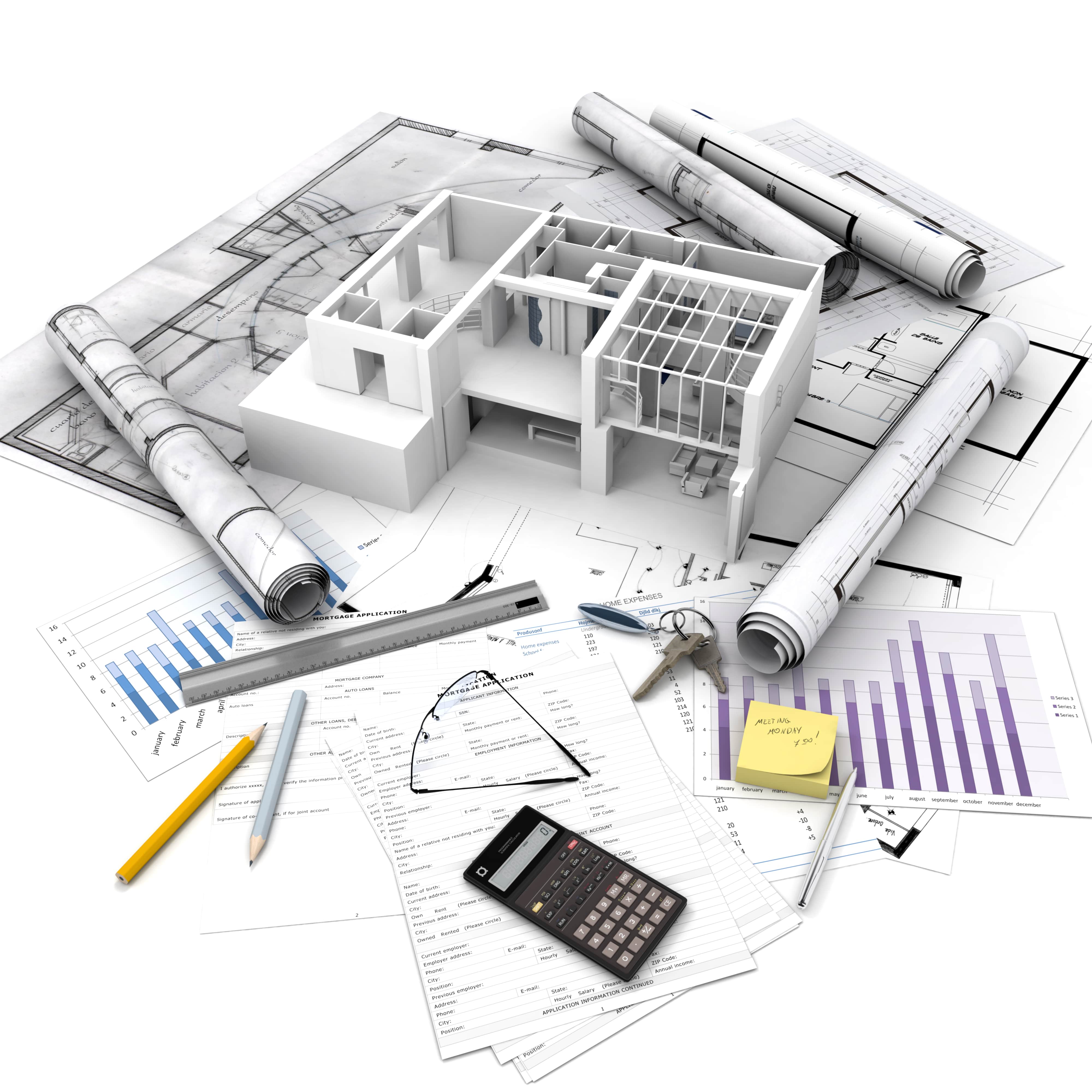 office-building-with-open-interior-top-blueprints-documents-mortgage-calculations-min