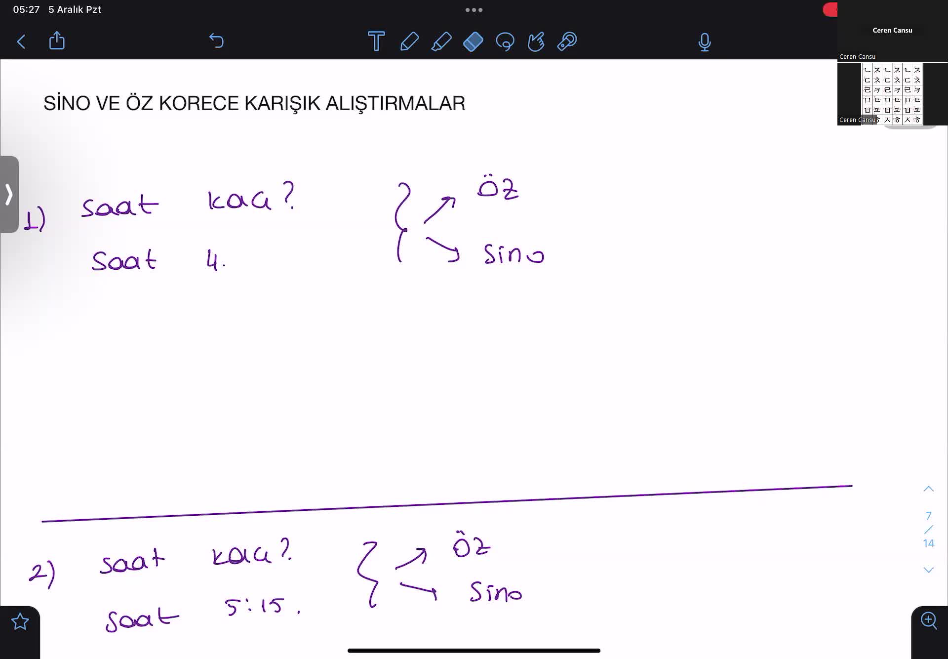 7.  Sino Ve Öz Korece Sayılar Kullanım Alanları Hakkında Alıştırma