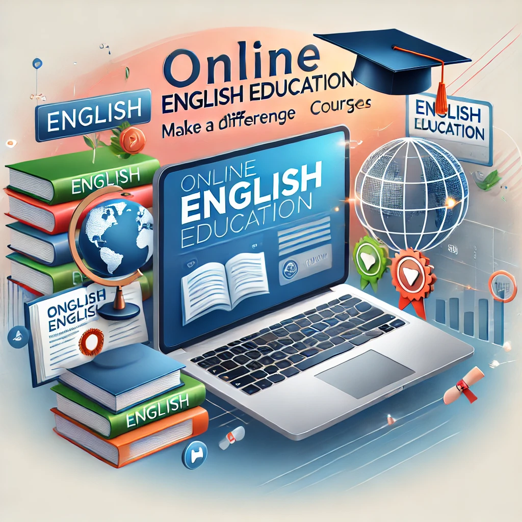 DALL·E 2025-01-12 14.59.32 - An engaging and modern visual representing 'Online English Education_ Make a Difference with Certified Courses.' The design includes a laptop with an