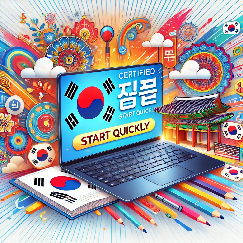 DALL·E 2025-01-12 15.01.13 - A vibrant and engaging illustration representing 'Certified Online Korean Education_ Start Quickly.' The design features a laptop displaying a Korean
