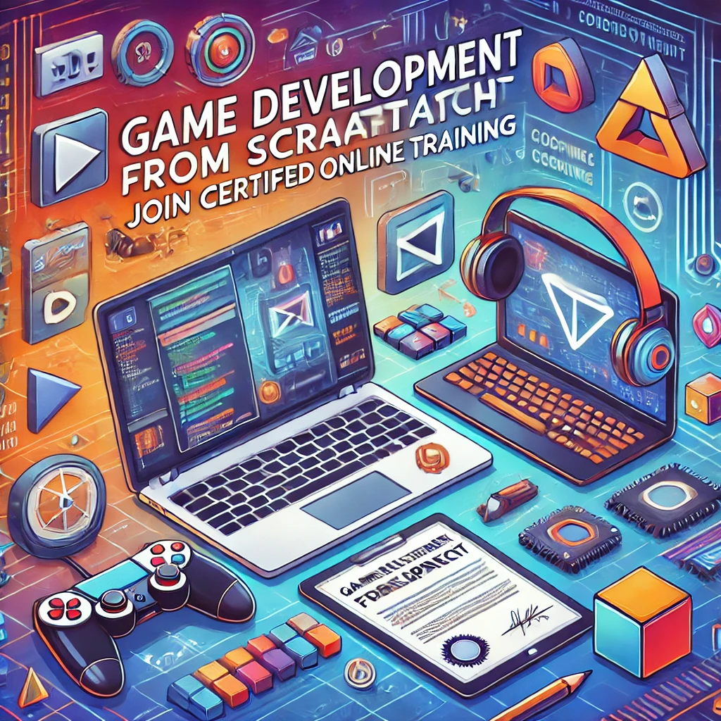 DALL·E 2025-01-12 15.06.37 - A creative and engaging visual representing 'Game Development from Scratch_ Join Certified Online Training.' The design features a laptop and a tablet