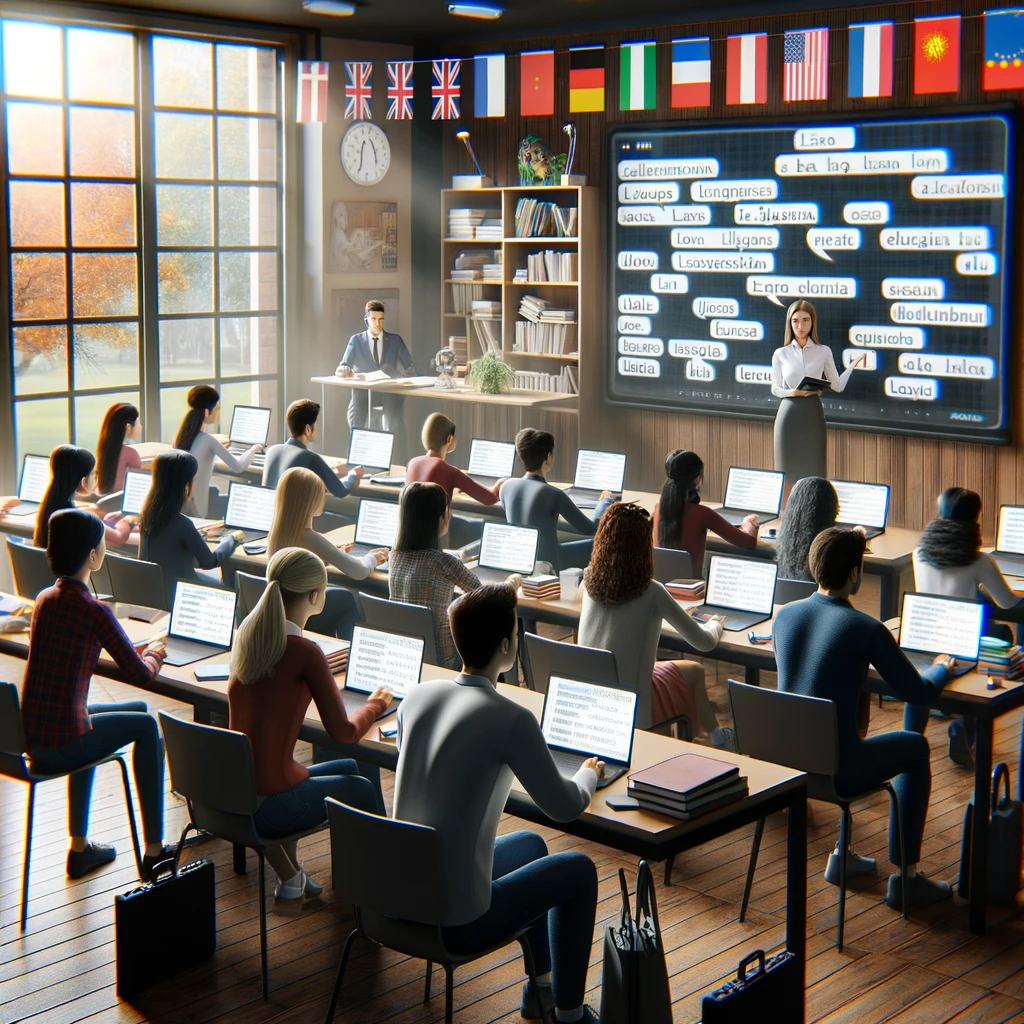 DALL·E 2024-01-15 12.04.38 - A realistic scene of a language learning environment. The image shows a modern classroom with students of various ages and ethnic backgrounds, sitting