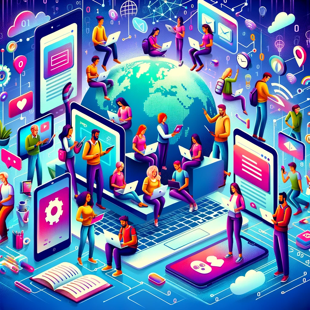 DALL·E 2024-02-05 19.54.02 - A vibrant and engaging digital illustration depicting a variety of people of different ages and backgrounds using laptops, tablets, and smartphones to