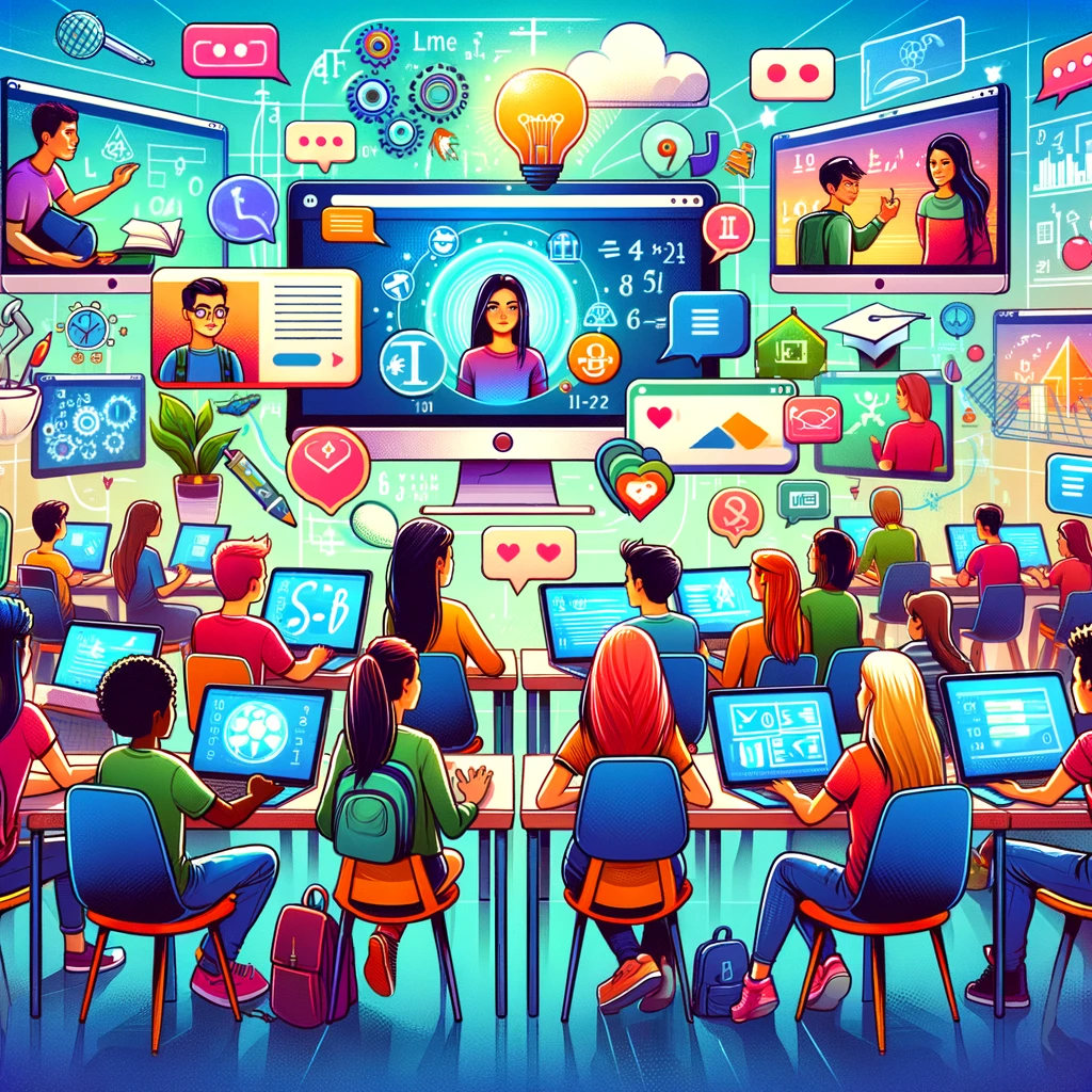 DALL·E 2024-02-05 20.24.50 - A vibrant and engaging digital illustration showcasing a diverse group of students of various ages and backgrounds, sitting in front of their computer