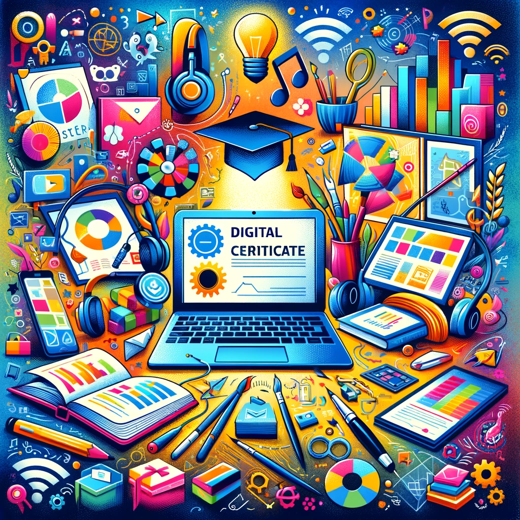DALL·E 2024-02-23 12.56.20 - A vibrant, inviting collage showcasing a variety of online certificate courses. Include diverse themes such as technology, business management, langua