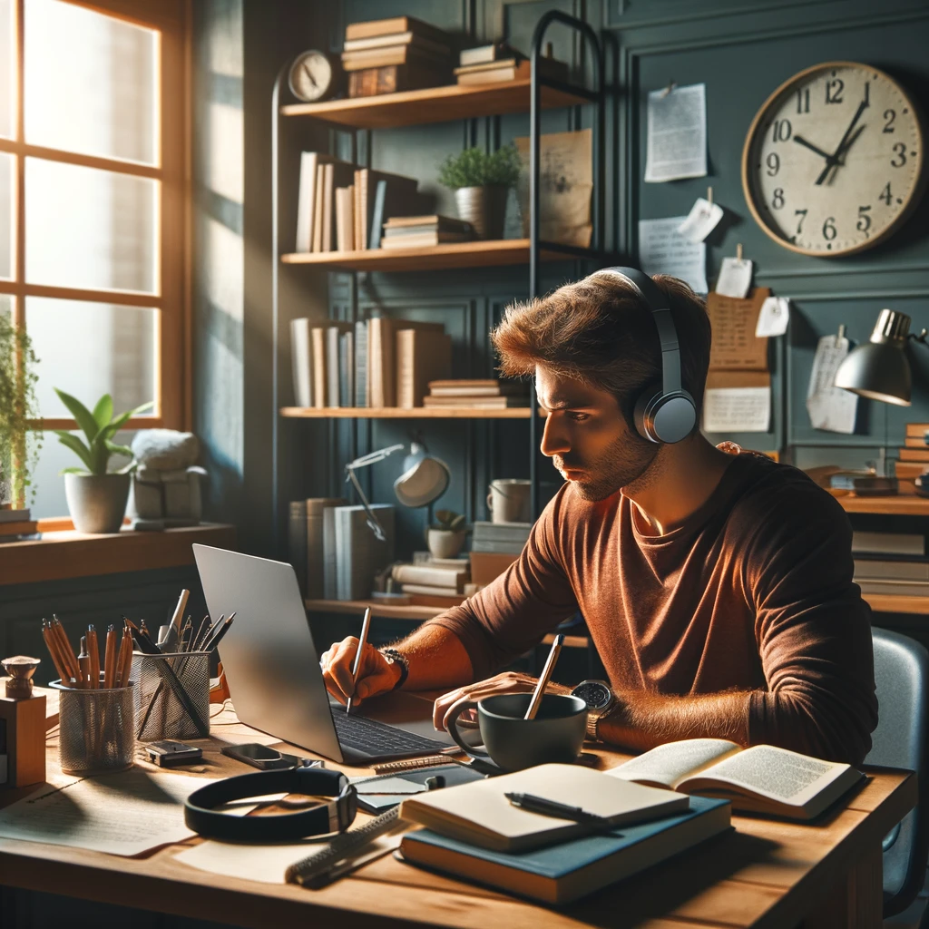 DALL·E 2024-03-01 17.27.00 - An inspiring and focused image representing the concept of maximum concentration during online learning. The scene features a student sitting at a des