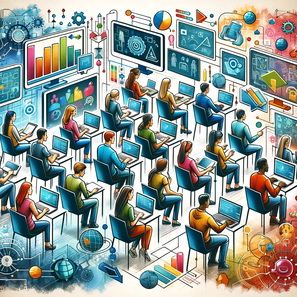DALL·E 2024-04-05 19.23.56 - Enhance the previous composition by integrating diverse human figures engaging with the concept of online learning, showcasing individuals of various