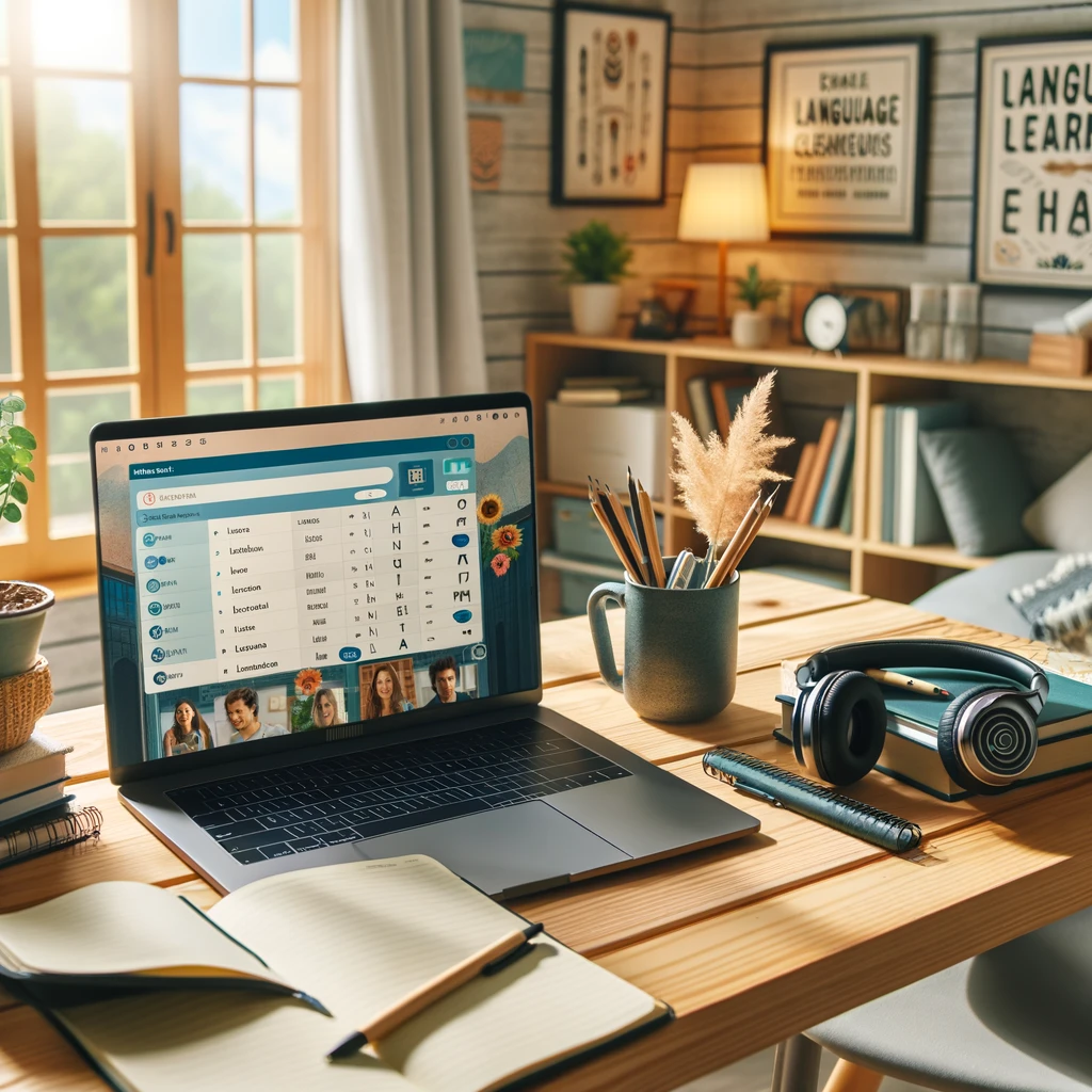 DALL·E 2024-04-12 14.07.21 - A cozy home study setup for remote language learning. The scene includes a laptop open to a language learning application, showing a virtual classroom