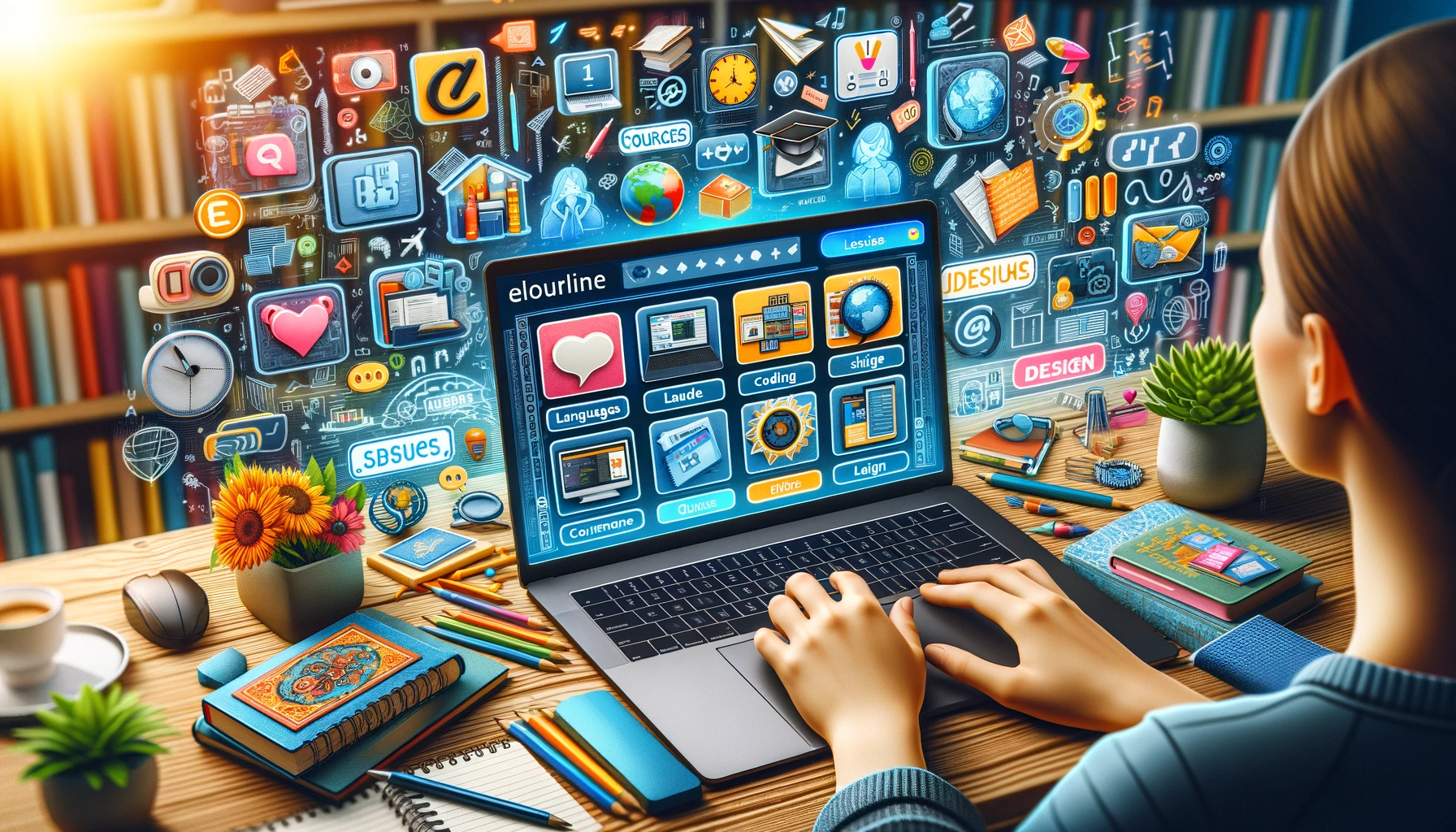 DALL·E 2024-04-19 17.31.11 - A vibrant online learning environment showcasing a variety of courses from language learning to software skills. The image depicts a student engaging 
