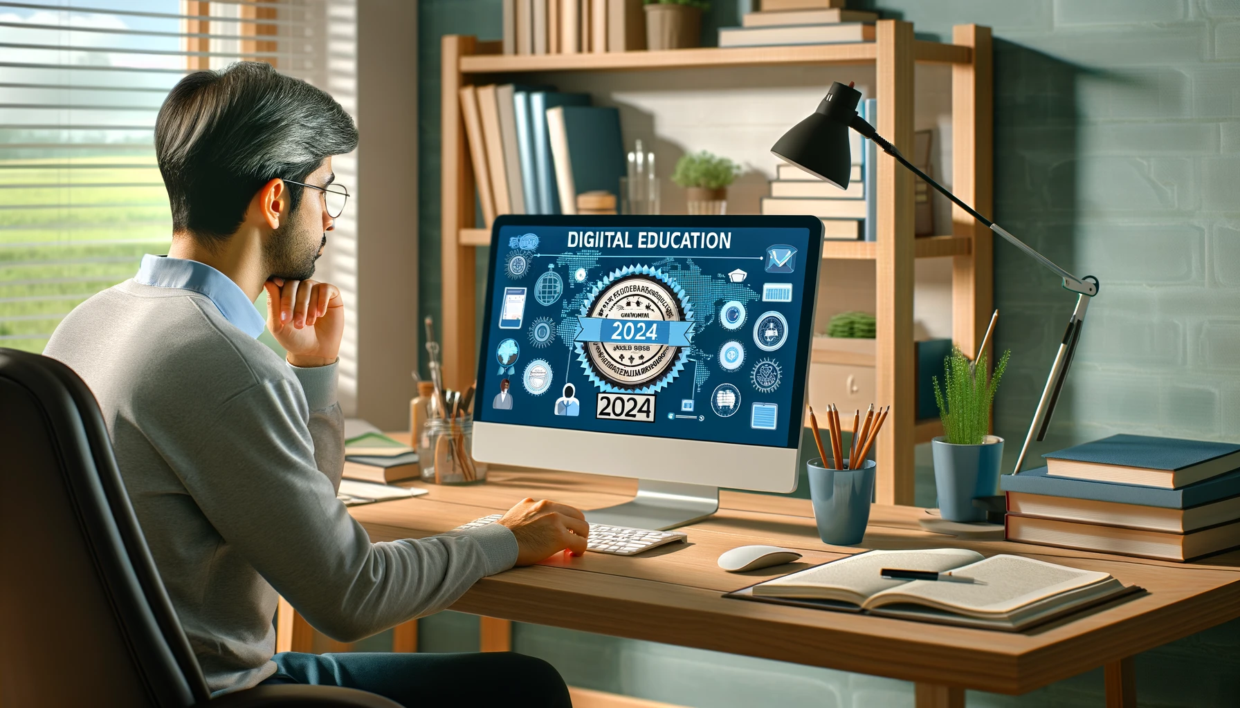 DALL·E 2024-04-27 16.26.02 - A modern digital education concept for 2024, featuring a student sitting at a home office engaging in an online certification course. The student, a y