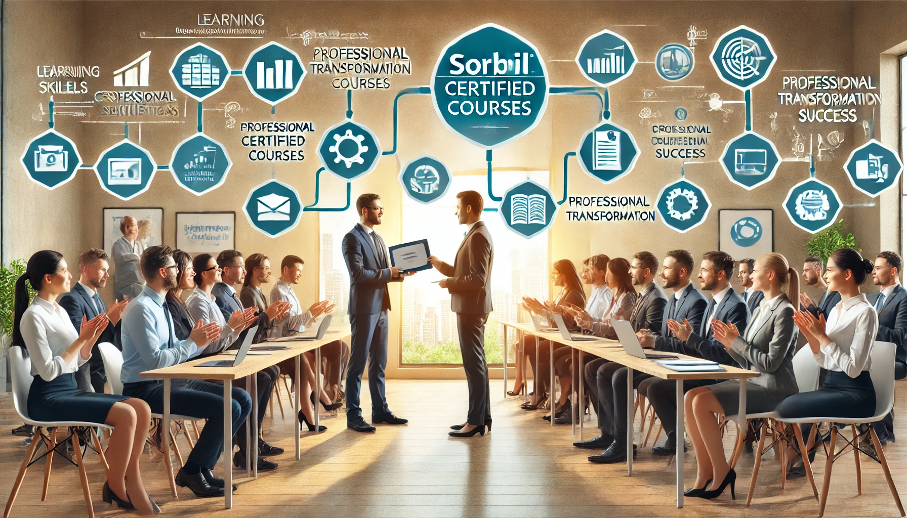 DALL·E 2024-07-11 08.50.13 - An image showcasing Sorbil Certified Courses and the professional transformation process. The scene features a diverse group of individuals in a train