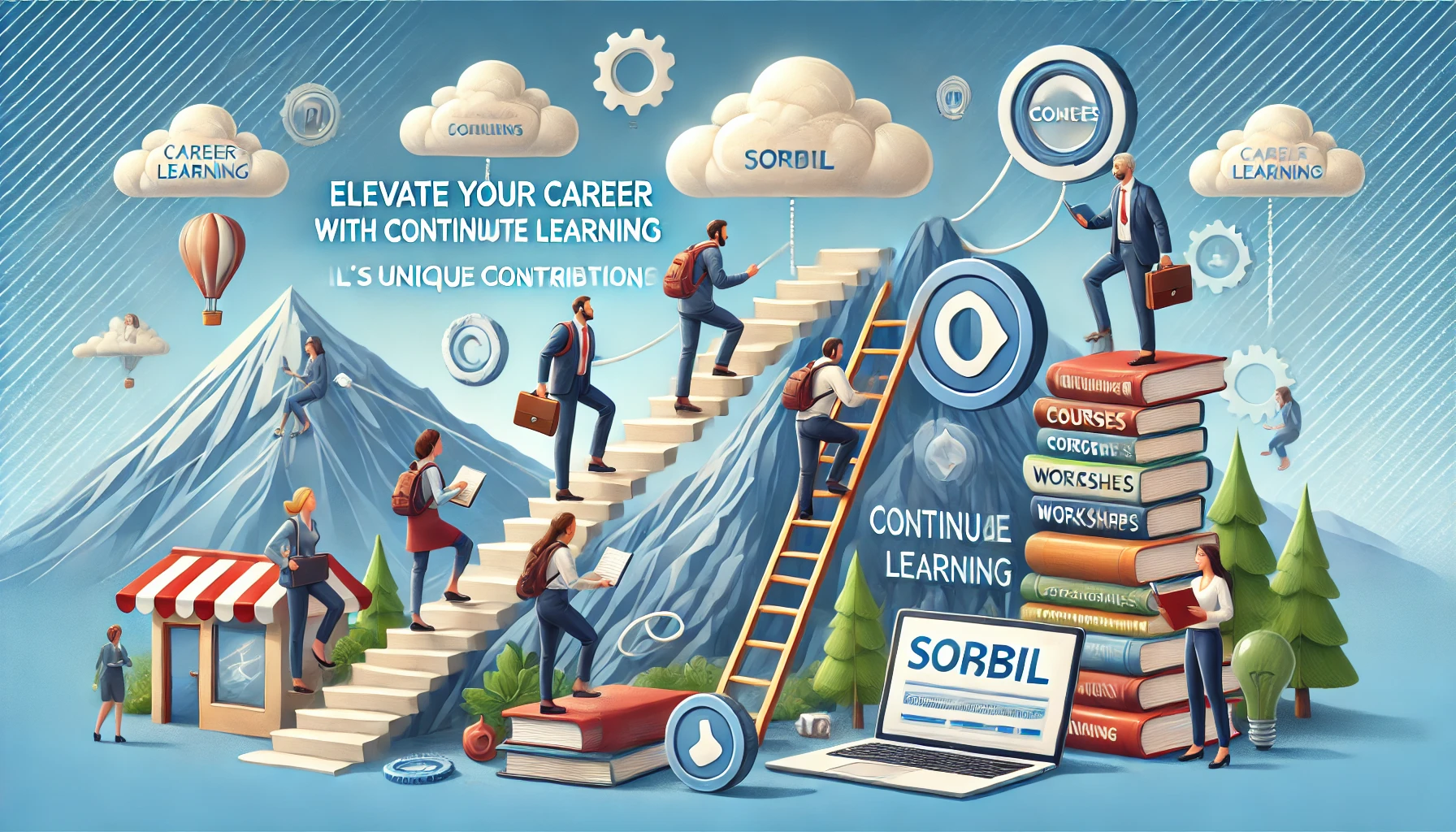 DALL·E 2024-07-11 08.52.28 - An image illustrating the theme 'Elevate Your Career with Continuous Learning_ Sorbil's Unique Contributions'. The scene features professionals climbi