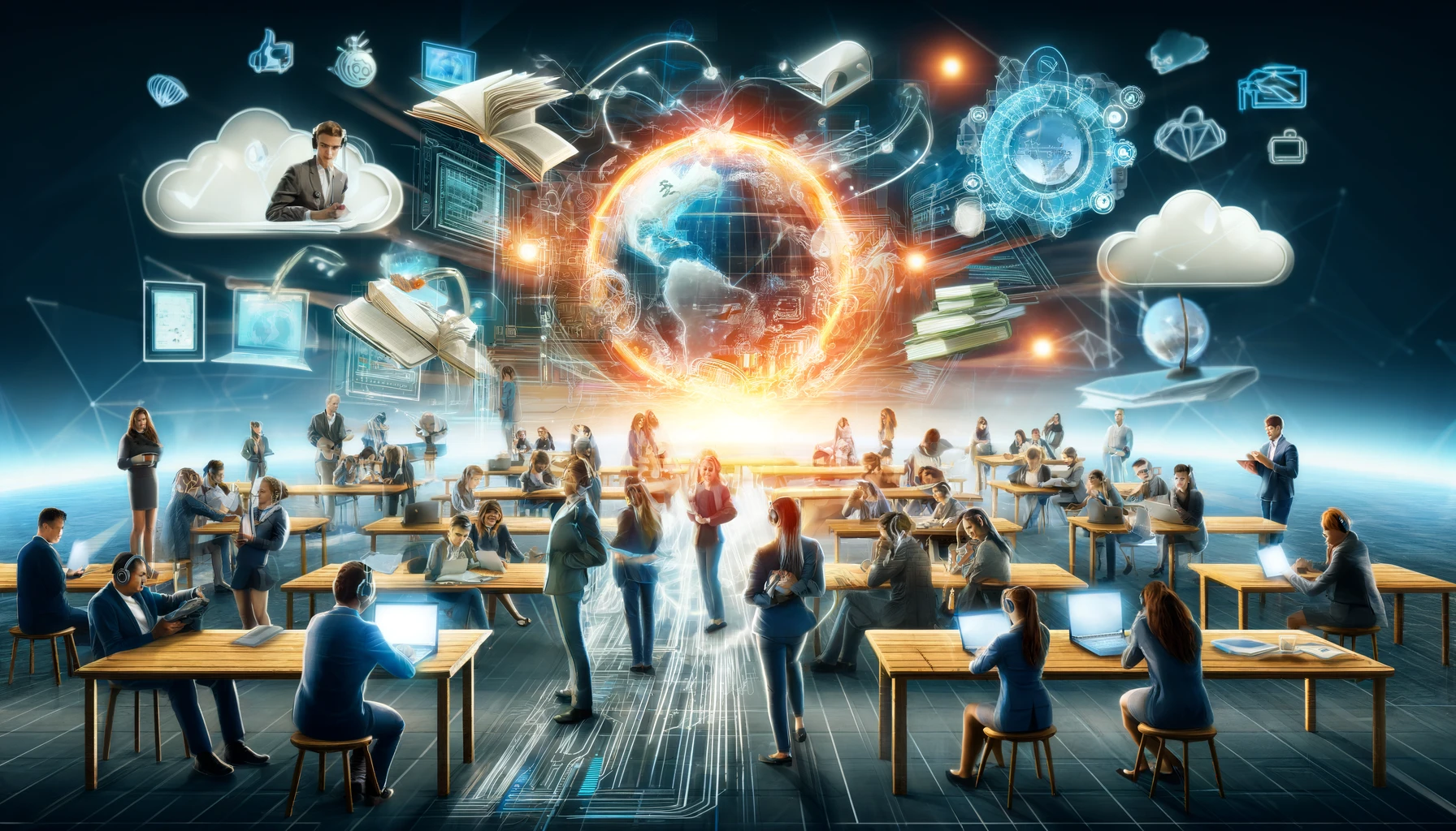 DALL·E 2024-07-11 08.53.57 - An image illustrating 'Education in the Digital World with Sorbil_ How Technology Bridges the Gap'. The scene features students and professionals enga