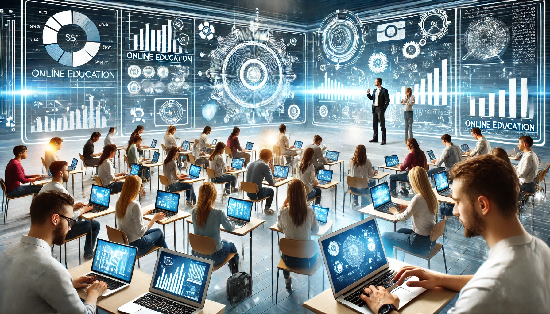 DALL·E 2024-10-09 13.43.55 - A futuristic scene of online education tools being used effectively, featuring a diverse group of students engaged in learning from different devices
