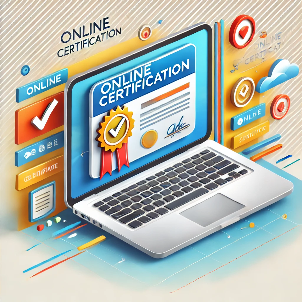 DALL·E 2024-10-09 14.04.45 - A visually appealing graphic representing online certification. The design includes a digital certificate icon on a laptop screen, symbolizing achieve
