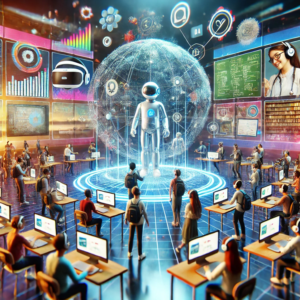 DALL·E 2024-10-09 14.06.54 - A futuristic image showcasing the concept of online education's future. The scene includes students engaging with advanced digital learning tools like